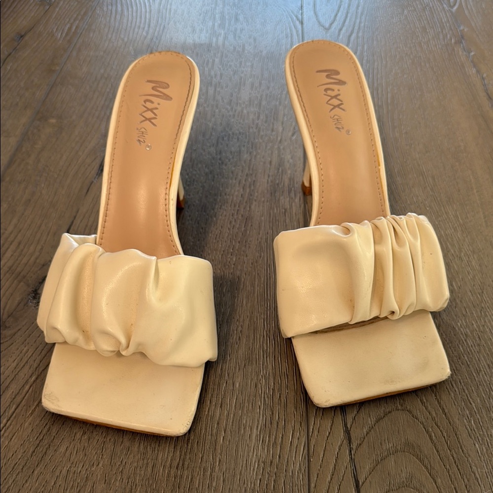 Mixx Shuz Cream Heels with Ruched Detail